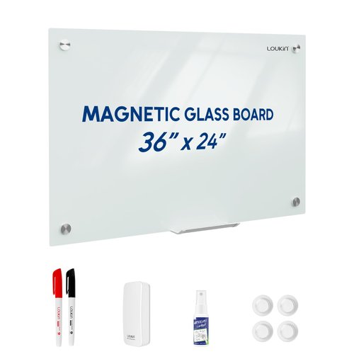Loukin Glass Whiteboard for Wall, Magnetic Dry Erase Glass Board, Framless Surface White Board for Office, School, Dry Erase Whiteboard Set Includes Cleaner & Eraser & Marker (24" x 36")