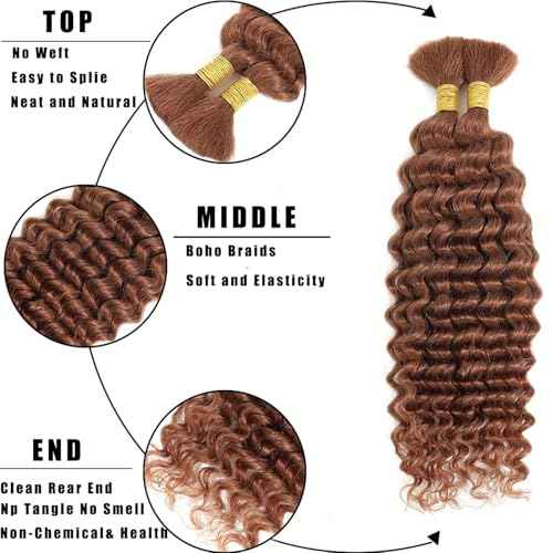 #30 Brown Human Braiding Hair Deep Water Bulk 18 18 18 Inch Human Hair Weave 3 Bundle Unprocessed Brazilian Virgin Hair Light Brown Deep Curly Braiding Hair Extensions 50 Grams/Bundle