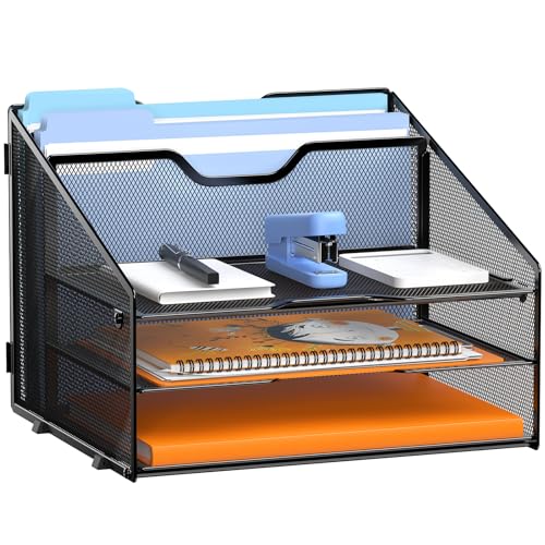 Letter Tray Organizer, Mesh Desk File Organizer with 3 Paper Trays and 2 Vertical Upright Section, Blank