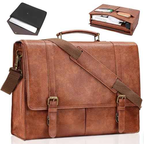 ESTARER Men's Messenger Bag for 17-17.3 Inch Laptop, Water-resistant Vintage Pu Leather Briefcase with Laptop Sleeve, Large Satchel Bag Computer Shoulder Bag for Work/Travel/College (2Pcs, Brown)