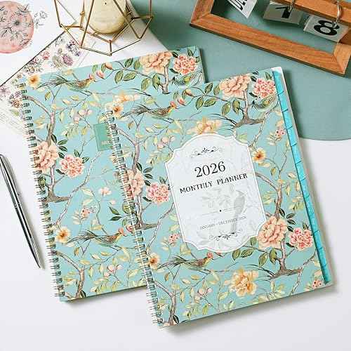2026 Monthly Planner - 2026 Planner with Tabs, Monthly Planner/Calendar 2026, Jan. 2026 - Dec. 2026, 9" x 11", Strong Gold Twin-wire Binding, Back Pocket, Note Pages - Floral