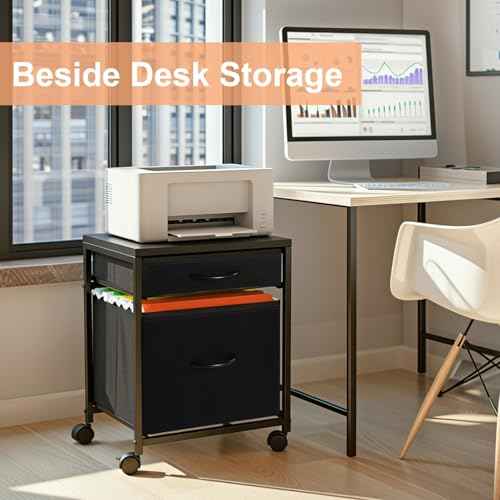 Rolling Mobile File Cabinet Cart with 2 Fabric Drawers A4 Letter Size Beside, Vertical Filing Cabinet on Lockable Wheels, Mobile Printer Stand Storage Under Desk for Home Office(Black)