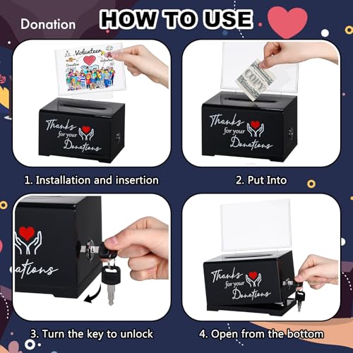 Black Donation Box with Lock & 2 Keys - Acrylic Fundraising Box with Gratitude Message