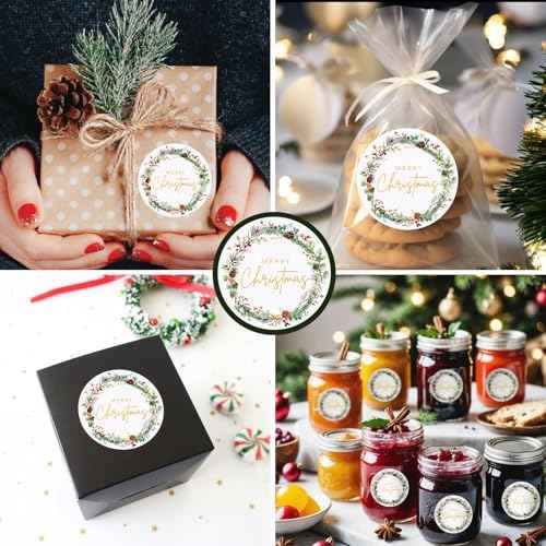 120pcs Merry Christmas Stickers for Cards Envelope Seals Gold Foil Large Round Adhesive Holiday Stickers for Invitation Gift Bags Box Sealing Parcel