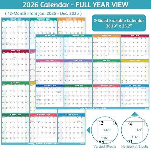 2026 Dry Erase Calendar ? Large Yearly Wall calendar 2026, 38.2'' x 25.2'', 2-Side Reversible Calendar 2026, Vertical/Horizontal, Jan 2026 ? Dec 2026, 2026 Wall Calendar Dry Erase with Notes, Stickers