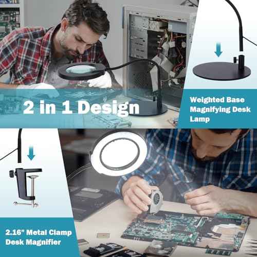 10X Magnifying Glass with Light and Stand, 4.3" Real Glass Lens, 5 Color Modes & Stepless Dimming LED Desk Lamp, Hands-Free Magnifier with Clamp & Flexible Gooseneck for Crafts, Hobby, Close Work