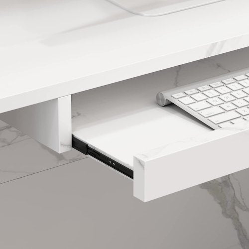 AIEGLE Reception Desk with Counter Drawers & Storage Shelves, L-Shaped Reception Counter Table for Salon Reception Room Checkout Office, Marble White (55.9" L x 32.3" W x 48.4" H)