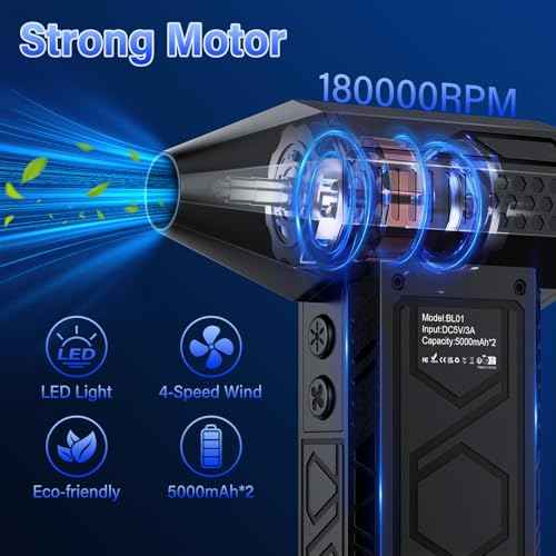 Electric Air Duster with Flashlight,180000RPM Compressed Air Duster Turbo Fan(10000mAh),Multipurpose Jet Fan, High-Speed Air Blower with 4 Gear,Electric Air Blower Duster with Assist Lighting BL01