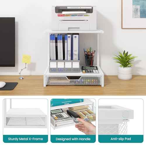 ELITEROO Printer Stand for Desk with Storage Drawer, 2 Tier Desktop or Under Desk Shelf, Wood Desk Organizer for Home Office, Fits 3D Printer, Scanner, Fax Machine, Cricut, White
