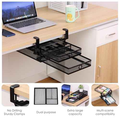 2-Tier Clamp-On Mesh Organizer, Under Desk Storage with Slide-Out Tray, No Drilling Tool-Free Installation, Durable Rust-Resistant Metal, Large-Capacity Organizer.
