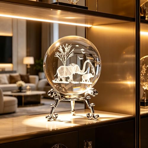 VSKIKRIS 60mm 3D Elephant Crystal Ball Paperweight with Stand - Elephant Gifts, Listing: Elephant_006