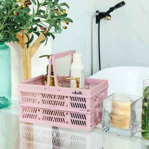 Pink crates for storage,plastic baskets for organizing,collapsible shopping basket,20L foldable crate with Handles,9.84"x14.96" x 7.87",Car Milk Dairy crate for Kitchen,Bathroom,Medicine Garage