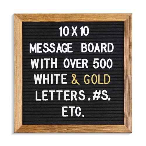 Real Wood Framed Felt Letter Board, Changeable Message Board, 10" x 10", Folding Stand and Wall Mount, 500+ Pieces of White & Gold Letters, Numbers, Words & Symbols, by Better Office Products (Rustic