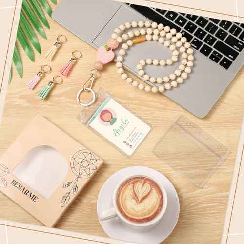 Teacher Gifts Lanyard with ID Holder Cute Wooden Beaded Lanyards for ID Card Badges Holder Boho Tassel Key Ring for Women