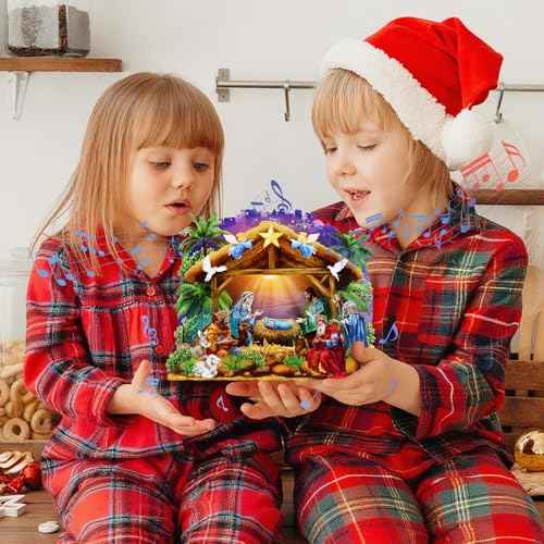 FaCraft Religious Nativity Musical Christmas Cards, 10"x7" Handmade 5-Layer 3D Pop Up Christmas Cards Gift Jesus Christ Birth Scene Decoration with Envelope, Blank Note, Seal, for Family Friends Kids