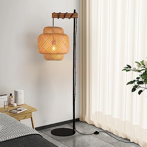 Bamboo Floor Lamp for Living Room, Boho Hand-Worked Woven Cake Lampshade Standing Lamp with Foot Switch, Industrial Black Tall Floor Light Decoration for Bedroom, Farmhouse