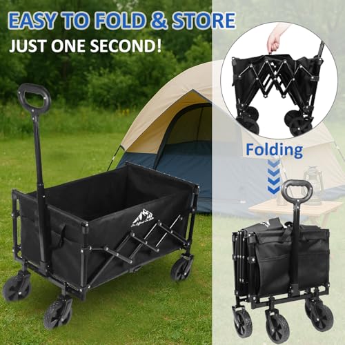 Collapsible Wagon Folding Utility Cart, Beach Wagon 352LBS Heavy-Duty with Adjustable Handles, 5" Quiet Swivel Wheels, Lightweight (11lbs) for Groceries, Camping, Moving, Black