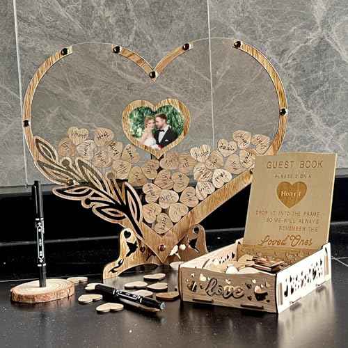 Wedding Guest Book Alternative, Rustic Heart Shaped Wooden Guest Book with 100 Wooden Hearts Tree for Wedding Party Birthday, Personalized Wedding Decor with Guest Sign-In Box & Heart Frame for Photo