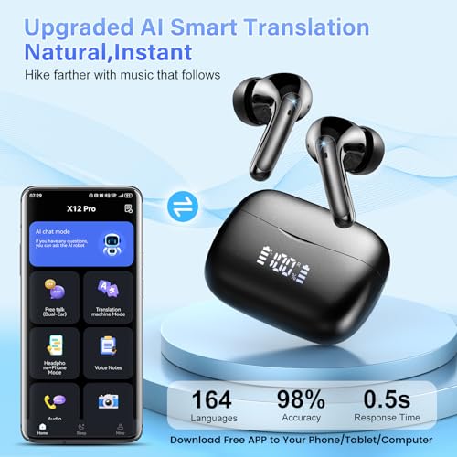 AI Translation Earbuds Real Time with Audio and Video Calls, 164 Language/7 Translation Modes Translator Earbuds Bluetooth 5.4 with APP, 48H AI Ear Buds Translator Device for Business/Learning/Travel