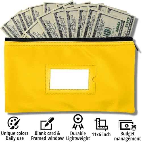 Money Bank Deposit Bag with Zipper | 11x6 inch | Yellow | Durable Leatherette Money Cash Coin Check Wallet Pouch for Men & Women with Framed ID Window and Blank Card (10)