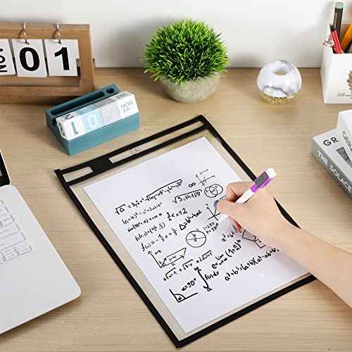 Nezyo Dry Erase Pockets Plastic Job Ticket Holders Shop Holder Order Pockets Clear Sleeves Tickets Folders Plastic Sleeves Paper Teacher Supplies for Classroom (14 x 10 in,Black,50 Pcs)