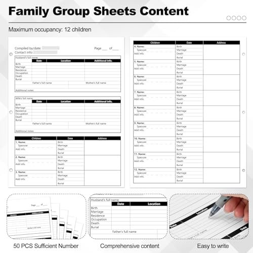 Family History Binder 3 Ring 50 Family Group Sheets 12th Generation 16 Sheets Genealogy Binder Dividers Family Tree Chart Genealogy Supplies with Pen Loop PVC Pocket For Organizer Family History Black