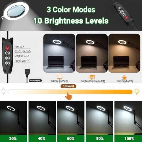 15X Real Glass Lens Magnifying Glass with Light ? 3 Color Modes & Adjustable Brightness, Hands-Free Magnifier with Metal Base & Clamp for Crafts, Repair, Reading, Sewing, Painting & Close Work