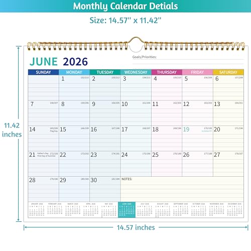 BowCuk 2026-2027 Wall Calendar 21 Months - 14.57 x 11.42 Inches, Large Ruled Blocks, Holidays & Notes
