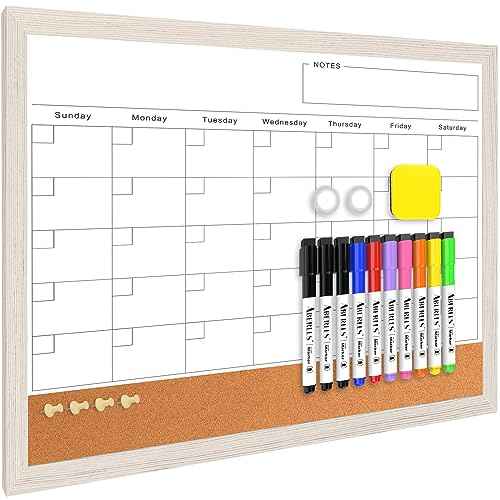 Monthly Whiteboard Calendar & Corkboard for Wall, Magnetic 17"x13" Dry Erase Board with White Wood Framed, 2in1 White Board Cork Board Combo, Calendar Bulletin Board for Kitchen Planner Memo Office