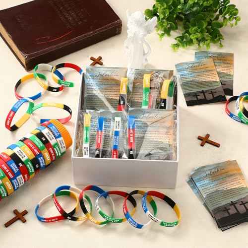 100 Sets Church Christian Gifts Bulk Salvation Bracelets with Plan of Salvation Cards Religious Silicone Bracelets Gospel Tracts Roman Road to Church Teaching Kit