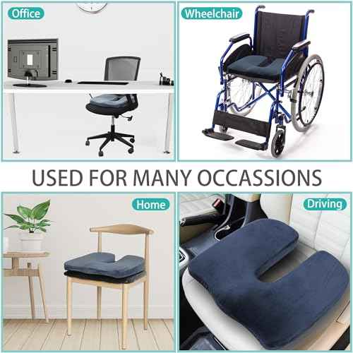 Tailbone Pain Relief Office Chair Cushion 10-Inch Extended U-Cutout,Large-18"x16"x3",Coccyx,Sciatica Pain Relief Memory Foam Wheelchair Car Seat Cushion,But Pillow Pad for Pressure Relief, Blue Grey