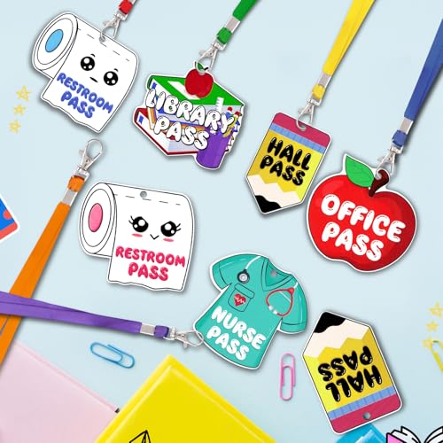 12-Pack Wooden Hall Pass Lanyards for Classroom, Office & Restroom Use