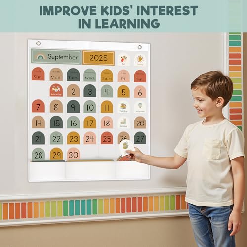 Classroom Monthly Calendar Pocket Chart for Kids Learning, 105 Cards Wall Boho Calendar and Weather, Teacher Supplies for Kindergarten Preschool Elementary Homeschool