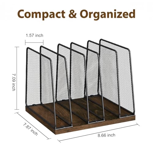 Becomrock Rustic Brown 5-Section Vertical Desk File Organizer with Wooden Base & Metal Mesh