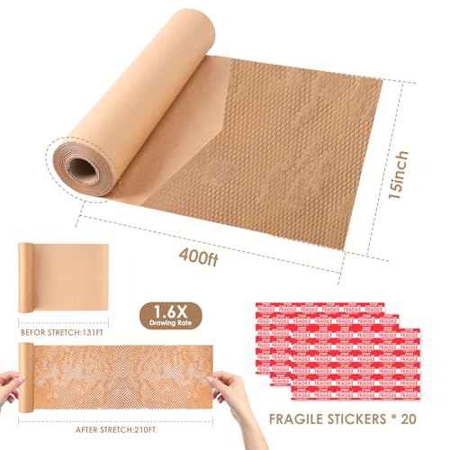 Honeycomb Packing Paper 15"x400' - Bubble Wrap Eco-Friendly Alternative, Recyclable Cushioning Material for Shipping, Moving & Small Business Packing Supplies with 20 Fragile Sticker Labels