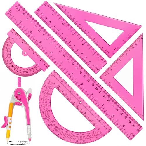 Pink Geometry Math Set with Compass, Rulers, Protractors & Triangles - Zonon 7 pcs