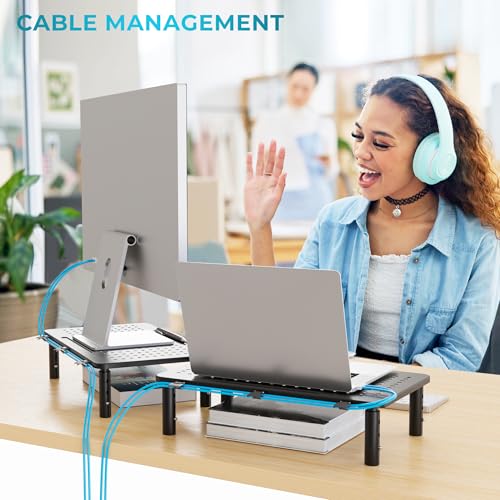 BONTEC 2 Pack Adjustable Monitor Stands with Drawer, Supports 44lbs - Black