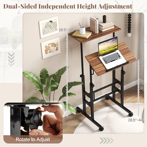 Giantex Mobile Standing Desk, Portable Stand Up Desk Adjustable Height with Wheels, Tilting Tabletop & Hanging Hooks, Home Office Computer Workstation