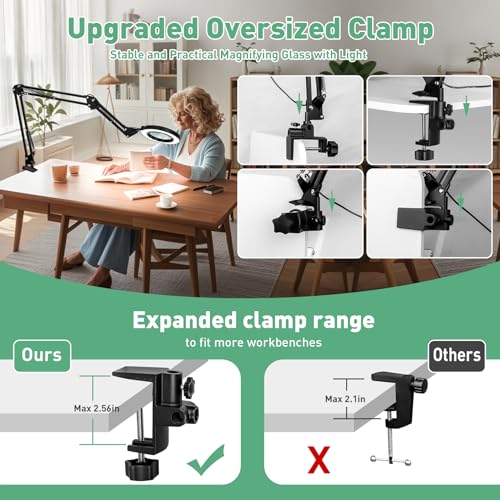 12X & 30X Magnifying Glass with Light, Ultra Long 3 Section Swing Arm LED Desk Lamp with Large Clamp, 5 Color and Brightness Hands Free Magnifier Light and Stand for Workbench Crafts Soldering