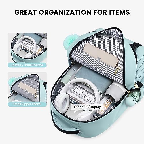 LOVEVOOK School Backpack for Teen Girls, Student Backpack Purse for 14-16 Teenage, Cute Kid Bookbag, Back to School Backpacks Fit 15.6 Inch Laptop, Large College Travel Bag, Mint Green