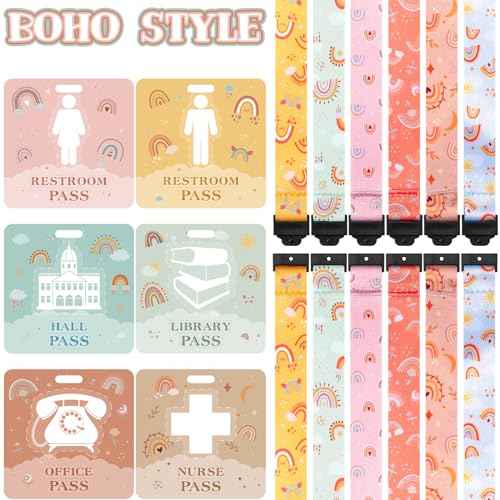 Kosiz 6 Sets PVC Boho Hall Pass Lanyards and School Passes Set Include 6 Pcs Unbreakable PVC Classroom Passes 6 Pcs Neck Lanyard for Teacher Must Have Student Nurse Office Classroom Supplies Reusable