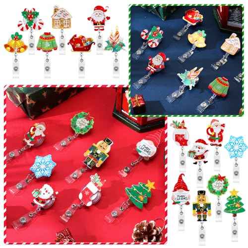 Yinkin 30 Pcs Christmas Retractable Badge Reels Acrylic Gillter Xmas Nurse Id Holder Name Card with Alligator Swivel Clip Santa Claus Snowman Elk Badge Holder for Nurse Gift New Year