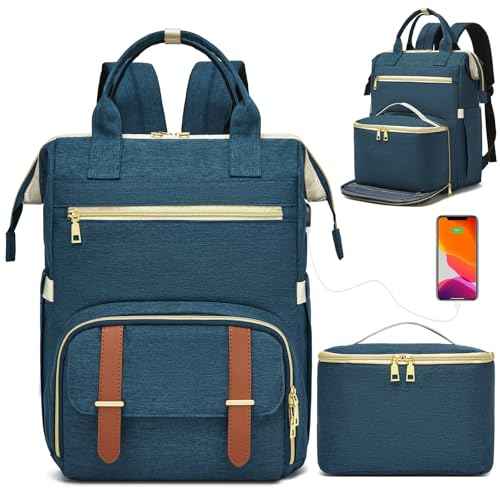 Lunch Backpack, 15.6 Inch Laptop Backpack with USB Port, Stylish Nurse, Teacher and Work Bag with Insulated Cooler Lunch Box for Women, Blue