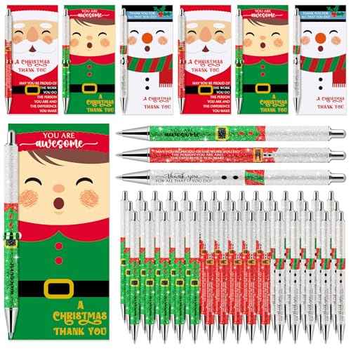 50 Sets Christmas Bulk Glitter Christmas Santa Claus Pens Novelty Snowman Elf Inspirational Pens with Thank You Cards Xmas Gifts for Employee Staff Teacher Coworker