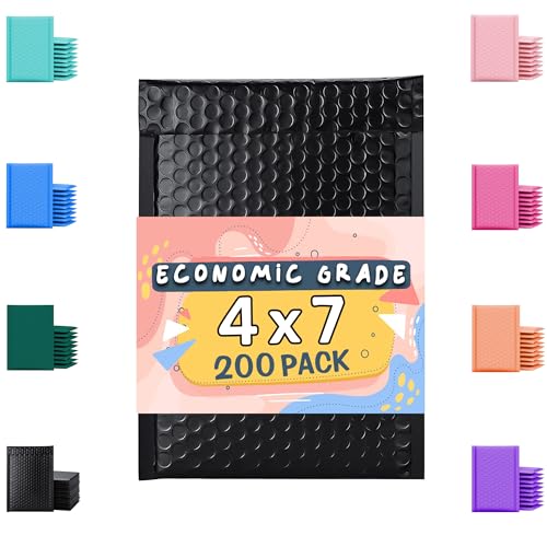 Economic Grade Poly Bubble Mailers 4x8 200 Pack Black Waterproof Self Seal Adhesive Shipping Bags, Cushioning Padded Envelopes for Shipping, Mailing, Packaging Usable 4x7