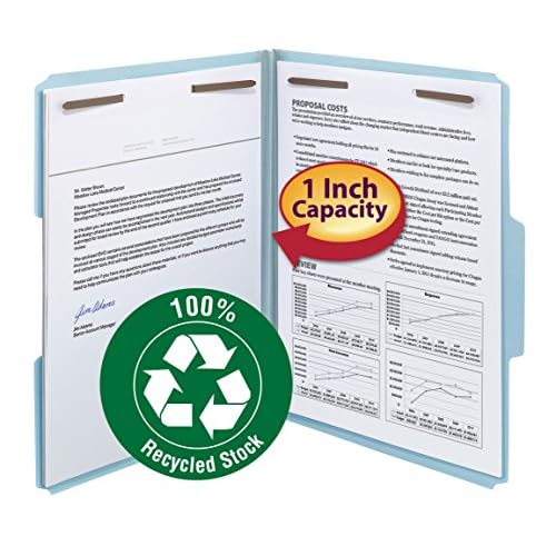 Smead 100% Recycled Pressboard Fastener File Folder, 2 Fasteners, 1/3-Cut Tab, 1" Expansion, Letter Size, Blue, 25 per Box (15000)