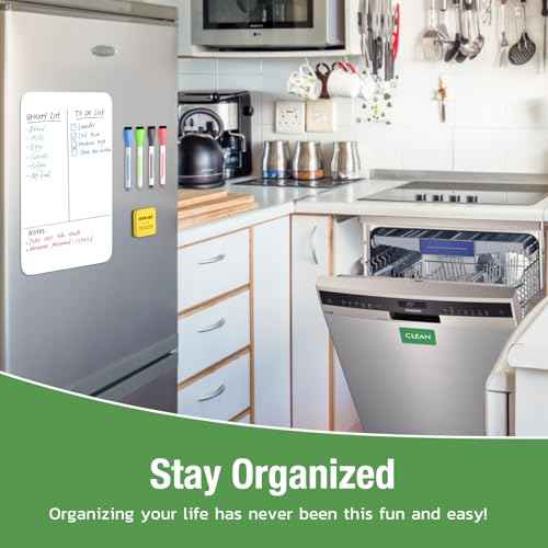 HOMiDEK Magnetic Dry Erase Board: Small Fridge Whiteboard, Flexible Refrigerator Magnet White Board, Blank Writing Note Sheet with Dishwasher Magnet Clean Dirty Sign, 4 Markers & Eraser - 12 x 8