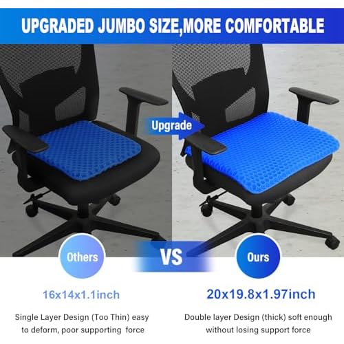 20" Gel Seat Cushion for Long Sitting Pressure Relief - Jumbo & Thick Gel Cushions for Office Chairs - Tailbone Pain Relief Cushion, Sciatica & Back Support, Wheelchair Cushions & Car Seat Cushion
