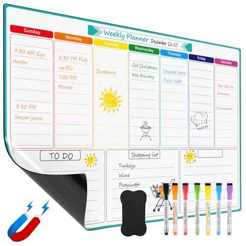 MaxGear Weekly Dry Erase Board for Fridge, Magnetic Calendar Whiteboard Planner for Refrigerator with Stain Resistant Technology, Include 7 Fine Point Markers and 1 Eraser, 16"x12"