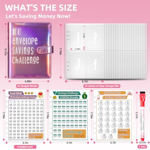 Pink Money Saving Binder with Envelope Challenge, 100 Slots, Compact Budget Organizer